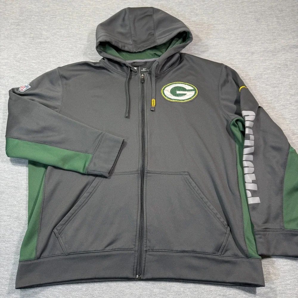 Nike Hoodies Men XL Gray Full Zip Green Bay Packers On-Field Therma-Fit NFL Flee